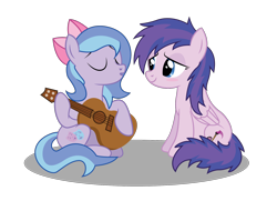 Size: 1674x1215 | Tagged: safe, artist:dragonchaser123, derpibooru import, oc, oc only, oc:mary medley, oc:purple roselyn, pegasus, pony, blushing, duo, duo female, eyes closed, female, folded wings, guitar, hoof hold, looking at someone, mare, musical instrument, open mouth, pegasus oc, shadow, show accurate, simple background, sitting, smiling, tail, transparent background, two toned mane, two toned tail, vector, wings