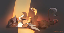 Size: 1600x832 | Tagged: safe, artist:freeedon, derpibooru import, oc, oc only, oc:gwyndall razorbeak, griffon, female, griffon oc, lying down, on back, paw pads, paws, solo, toe beans, underpaw