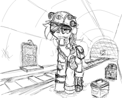 Size: 1630x1318 | Tagged: safe, artist:zebra, ponerpics import, oc, oc only, fallout equestria, ammobox, amputee, armor, bandolier, blood, bulletproof vest, clothes, crate, door, explosives, eyepatch, flashlight (object), food, helmet, jacket, lamp, ms paint, pants, plaster, prosthetics, railroad, solo, subway, tnt, tunnel, underground