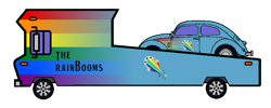 Size: 768x307 | Tagged: safe, derpibooru import, applejack, fluttershy, pinkie pie, rainbow dash, rarity, sunset shimmer, twilight sparkle, equestria girls, car hauler, simple background, the rainbooms, the rainbooms tour bus, transparent background, volkswagen beetle, winnebago