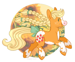 Size: 1402x1173 | Tagged: safe, artist:horseytown, derpibooru import, applejack (g1), pony, g1, bow, braid, cute, flower, g1 jackabetes, silly, silly pony, simple background, sunflower, tail, tail bow, transparent background, unshorn fetlocks, who's a silly pony