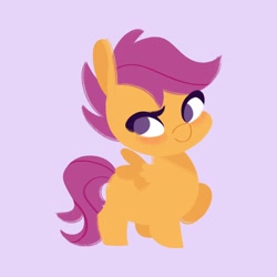 Size: 2048x2048 | Tagged: safe, artist:ethereanunicorn, derpibooru import, scootaloo, pegasus, pony, chibi, female, filly, foal, lavender background, lineless, no pupils, simple background, solo