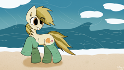 Size: 3840x2160 | Tagged: safe, artist:monycaalot, derpibooru import, oc, oc:sand dollar, earth pony, pony, beach, female, full body, ocean, orange eyes, solo, wallpaper, water