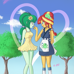 Size: 4500x4500 | Tagged: safe, artist:branewashpv, derpibooru import, sunset shimmer, wallflower blush, equestria girls, adorasexy, alternate hairstyle, boop, cloud, cute, female, flowerbetes, heart, lesbian, looking at each other, looking at someone, ponytail, sexy, shimmerbetes, shipping, sunset sushi, sweet dreams fuel, tree, wallset