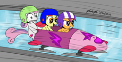 Size: 962x492 | Tagged: safe, artist:pheeph, derpibooru import, apple bloom, scootaloo, sweetie belle, earth pony, pegasus, pony, unicorn, bobsled, bobsleigh, cutie mark, cutie mark crusaders, female, filly, foal, grin, helmet, ice, scared, sled, smiling, speed lines, sports, track, wide eyes