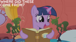 Size: 1280x720 | Tagged: safe, derpibooru import, edit, edited screencap, editor:quoterific, screencap, twilight sparkle, unicorn twilight, pony, unicorn, look before you sleep, season 1, bed, blanket, book, cute, female, golden oaks library, mare, open mouth, open smile, pillow, smiling, solo, that pony sure does love books, twiabetes