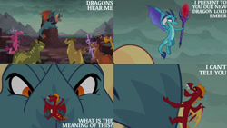 Size: 1280x720 | Tagged: safe, derpibooru import, edit, edited screencap, editor:quoterific, screencap, amarant, ballista, barry, billy (dragon), dragon lord torch, fume, garble, princess ember, prominence, spear (dragon), dragon, gauntlet of fire, season 6, dragoness, eyes closed, female, flying, male, open mouth, open smile, rex (dragon), smiling, spread wings, wings