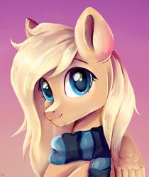 Size: 2300x2740 | Tagged: safe, artist:ske, derpibooru import, oc, oc only, oc:mirta whoowlms, pegasus, pony, bust, clothes, gift art, portrait, scarf, solo, striped scarf