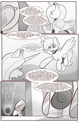 Size: 1253x1950 | Tagged: safe, artist:saturdaymorningproj, derpibooru import, princess cadance, rainbow dash, alicorn, pegasus, pony, comic:i await a guardian, cloak, clothes, grayscale, misspelling, monochrome, speech bubble