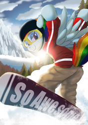 Size: 1024x1449 | Tagged: safe, artist:neoshrek, derpibooru import, rainbow dash, pegasus, pony, snow, snowboard, solo