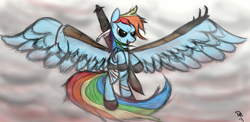 Size: 2215x1080 | Tagged: safe, artist:dennyhooves, derpibooru import, rainbow dash, pegasus, pony, bandage, female, mare, signature, solo, spread wings, sword, weapon, wings