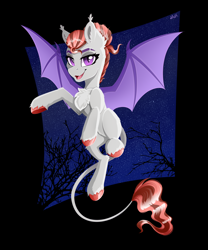 Size: 4000x4800 | Tagged: safe, artist:rainbowfire, derpibooru import, oc, bat pony, pegasus, pony, beautiful, branches, chest fluff, female, flying, mare, night, open mouth, purple eyes, smiling, solo, spread wings, stars, wings