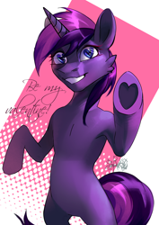Size: 2480x3507 | Tagged: safe, artist:charlot, derpibooru import, oc, oc only, pony, unicorn, bipedal, female, heart, heart eyes, heart hoof, hearts and hooves day, holiday, horn, mare, solo, underhoof, unicorn oc, valentine, valentine's day, wingding eyes
