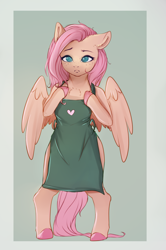 Size: 2140x3224 | Tagged: safe, artist:miokomata, derpibooru import, fluttershy, pegasus, semi-anthro, apron, barista, bipedal, chest fluff, clothes, colored hooves, female, freckles, freckleshy, frown, high res, looking at you, mare, solo