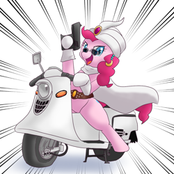 Size: 1000x1000 | Tagged: safe, artist:kushina13, derpibooru import, pinkie pie, earth pony, pony, semi-anthro, belt, bipedal, clothes, ear piercing, earring, female, fuji rabbit, glasses, gun, hat, jewelry, mare, motor scooter, piercing, scooter, solo, weapon