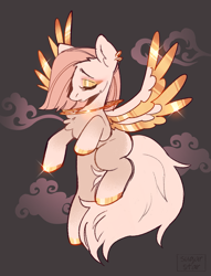 Size: 2065x2708 | Tagged: safe, artist:sugarstar, derpibooru import, oc, oc only, oc:lampsi apomesa, pegasus, pony, ear piercing, female, fluffy tail, flying, halo, mare, multiple wings, piercing, spread wings, tail, wings