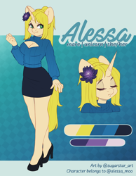 Size: 2302x2969 | Tagged: safe, artist:sugarstar, derpibooru import, oc, oc only, oc:alessa, anthro, unicorn, boob window, clothes, flower, flower in hair, reference sheet, shoes, skirt, sweater, tube skirt