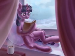 Size: 4000x3000 | Tagged: safe, artist:falses, derpibooru import, twilight sparkle, unicorn twilight, semi-anthro, unicorn, adorasexy, book, cloud, coffee, complex background, cup, curtains, cute, day, digital art, eyes open, female, high res, horn, legs, mare, paper, pillow, reading, reflection, sexy, shading, sky, snow, solo, steam, table, thighs, window, windowsill, winter