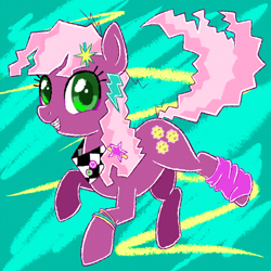Size: 800x800 | Tagged: safe, artist:lourita-shine, derpibooru import, cheerilee, earth pony, pony, 80s, 80s cheerilee, bracelet, braces, cheeribetes, clothes, colored pupils, cute, cutie mark, eyelashes, female, green eyes, grin, hairclip, jewelry, leg warmers, looking at you, mare, smiling, smiling at you, solo, younger