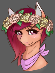 Size: 600x800 | Tagged: safe, artist:lourita-shine, derpibooru import, oc, oc only, pony, bust, female, floral head wreath, flower, freckles, gray background, simple background, smiling, solo