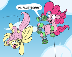 Size: 1803x1446 | Tagged: safe, artist:pony-thunder, derpibooru import, fluttershy, pinkie pie, earth pony, pegasus, pony, cartoon physics, comic, dialogue, duo, duo female, ears, female, floppy ears, flying, looking at each other, looking at someone, mare, open mouth, open smile, pinkie being pinkie, pinkie physics, signature, sky, smiling, speech bubble, springs, tail, wings