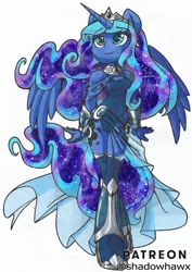 Size: 851x1200 | Tagged: safe, artist:shadowhawx, derpibooru import, princess luna, alicorn, anthro, clothes, dress, smiling, solo, spread wings, traditional art, wings