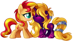 Size: 1024x574 | Tagged: safe, artist:xnightmelody, derpibooru import, sunset shimmer, oc, pony, unicorn, blushing, canon x oc, duo, eyes closed, female, horn, kissing, lesbian, simple background, transparent background, unicorn oc