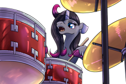 Size: 1800x1200 | Tagged: safe, artist:redahfuhrerking, derpibooru import, oleander, classical unicorn, pony, unicorn, them's fightin' herds, cloven hooves, community related, drum kit, drums, leonine tail, musical instrument, simple background, solo, transparent background, unshorn fetlocks