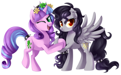 Size: 1024x639 | Tagged: safe, artist:xnightmelody, derpibooru import, oc, oc only, pegasus, pony, unicorn, duo, female, floral head wreath, flower, horn, one eye closed, open mouth, pegasus oc, simple background, smiling, transparent background, unicorn oc, wink