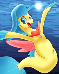Size: 1024x1280 | Tagged: safe, artist:kushina13, derpibooru import, princess skystar, seapony (g4), my little pony: the movie, blue mane, blue tail, dorsal fin, female, fin wings, fins, fish tail, flower, flower in hair, flowing tail, freckles, glowing, happy, jewelry, looking at you, necklace, ocean, open mouth, open smile, pearl necklace, seashell, seashell necklace, smiling, smiling at you, solo, swimming, tail, teeth, underwater, water, wings