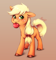 Size: 1809x1923 | Tagged: safe, artist:buttersprinkle, derpibooru import, applejack, earth pony, pony, apple, blonde, blonde mane, blonde tail, blushing, cute, female, food, gradient background, green eyes, hatless, hooves, jackabetes, looking at you, mare, missing accessory, mouth hold, simple background, smiling, smiling at you, solo, that pony sure does love apples