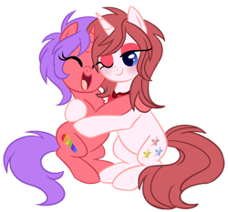 Size: 1024x954 | Tagged: safe, artist:xnightmelody, derpibooru import, oc, oc only, oc:lilly, oc:nicole colours, pony, unicorn, blushing, cute, duo, duo female, eyes closed, female, hooves, horn, hug, mare, mother and child, mother and daughter, ocbetes, one eye closed, open mouth, open smile, parent and child, simple background, smiling, tail, transparent background, unicorn oc