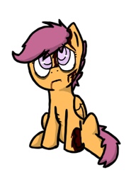 Size: 233x315 | Tagged: safe, artist:arkypony, derpibooru import, scootaloo, pegasus, pony, undead, zombie, bleeding, blood, cut, female, filly, foal, looking up, messy mane, messy tail, simple background, sitting, solo, tail, torn ear, tumblr:ask zombie scoots, white background, zombie scoots
