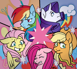 Size: 1000x899 | Tagged: safe, artist:/d/non, derpibooru import, applejack, fluttershy, pinkie pie, rainbow dash, rarity, magical mystery cure, a true true friend, crying, cutie mark, implied twilight sparkle, pinkamena diane pie, wide eyes, worried smile