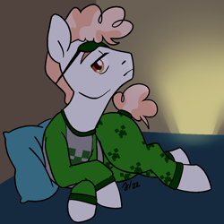 Size: 1000x1000 | Tagged: safe, artist:/d/non, derpibooru import, svengallop, earth pony, pony, clothes, creeper, crossed hooves, februpony, frown, looking at you, male, minecraft, pajamas, pillow, stallion