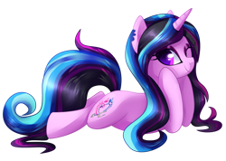 Size: 1024x729 | Tagged: safe, artist:xnightmelody, derpibooru import, oc, oc only, oc:mardelia, pony, unicorn, female, horn, lying down, one eye closed, prone, simple background, solo, transparent background, unicorn oc, wink