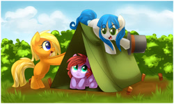 Size: 1024x613 | Tagged: safe, artist:xnightmelody, derpibooru import, oc, oc only, earth pony, pony, bipedal, camping, earth pony oc, female, filly, foal, grass, hat, tent, top hat, trio