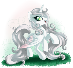 Size: 1024x958 | Tagged: safe, artist:xnightmelody, derpibooru import, oc, oc only, alicorn, pony, alicorn oc, female, horn, open mouth, partial background, simple background, solo, transparent background, wings