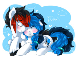 Size: 1024x796 | Tagged: safe, artist:xnightmelody, derpibooru import, oc, oc only, oc:melody breeze, pegasus, pony, blushing, cuddling, cute, duo, eyes closed, female, male, oc x oc, pegasus oc, shipping, smiling, straight