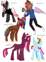 Size: 1024x1366 | Tagged: safe, artist:incendiarymoth, derpibooru import, oc, oc:acrylic blend, oc:aramuri, oc:frayed bud, oc:shell shine, oc:spray dough, earth pony, human, pegasus, unicorn, humanized