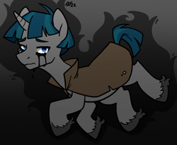 Size: 999x815 | Tagged: safe, artist:/d/non, derpibooru import, stygian, pony, unicorn, black tears, crying, gray background, male, short tail, simple background, solo, stallion, tail, unshorn fetlocks