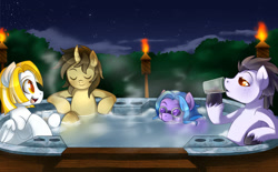 Size: 1024x635 | Tagged: safe, artist:xnightmelody, derpibooru import, oc, oc only, pegasus, pony, unicorn, curved horn, eyes closed, horn, hot tub, male, pegasus oc, relaxing, torch, unicorn oc