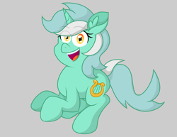 Size: 3249x2511 | Tagged: safe, artist:background basset, artist:threetwotwo32232, derpibooru import, lyra heartstrings, pony, unicorn, collaboration, ear fluff, ears, female, full body, gray background, happy, high res, hooves, horn, mare, open mouth, open smile, shading, simple background, smiling, solo, tail