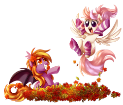 Size: 1024x878 | Tagged: safe, artist:xnightmelody, derpibooru import, oc, oc only, bat pony, pegasus, pony, bat pony oc, clothes, cute, duo, female, jumping, leaf, leaf pile, leaves, open mouth, pegasus oc, simple background, socks, striped socks, transparent background