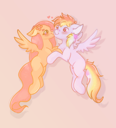 Size: 1920x2111 | Tagged: safe, artist:nyota71, derpibooru import, fluttershy, rainbow dash, pegasus, pony, bandaid, blushing, chest fluff, duo, ears, elbow fluff, female, floppy ears, flower, flower in hair, flutterdash, heart, high res, lesbian, looking at each other, looking at someone, mare, missing cutie mark, pink background, shipping, simple background, smiling, spread wings, teary eyes, wings