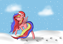 Size: 3600x2500 | Tagged: safe, artist:mintywaffle, derpibooru import, oc, oc only, pegasus, pony, christmas, female, hat, holiday, open mouth, pegasus oc, santa hat, snow, solo