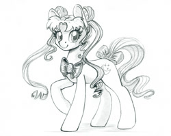 Size: 1093x870 | Tagged: safe, artist:maytee, derpibooru import, earth pony, pony, anime, bow, monochrome, ponified, sailor moon, solo, tail, tail bow, traditional art, tsukino usagi