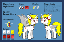 Size: 1920x1275 | Tagged: safe, artist:alexdti, derpibooru import, oc, oc:lucia nightblood, alicorn, bat pony, bat pony alicorn, pony, bat wings, female, horn, mare, reference sheet, solo, wings