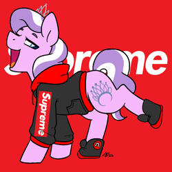 Size: 1000x1000 | Tagged: safe, artist:/d/non, derpibooru import, diamond tiara, earth pony, pony, clothes, hoodie, jewelry, lifted leg, open mouth, red background, shoes, simple background, solo, supreme, tiara