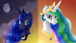 Size: 1043x599 | Tagged: safe, artist:inurantchan, derpibooru import, princess celestia, princess luna, alicorn, pony, bust, duo, female, moon, royal sisters, siblings, sisters, sun